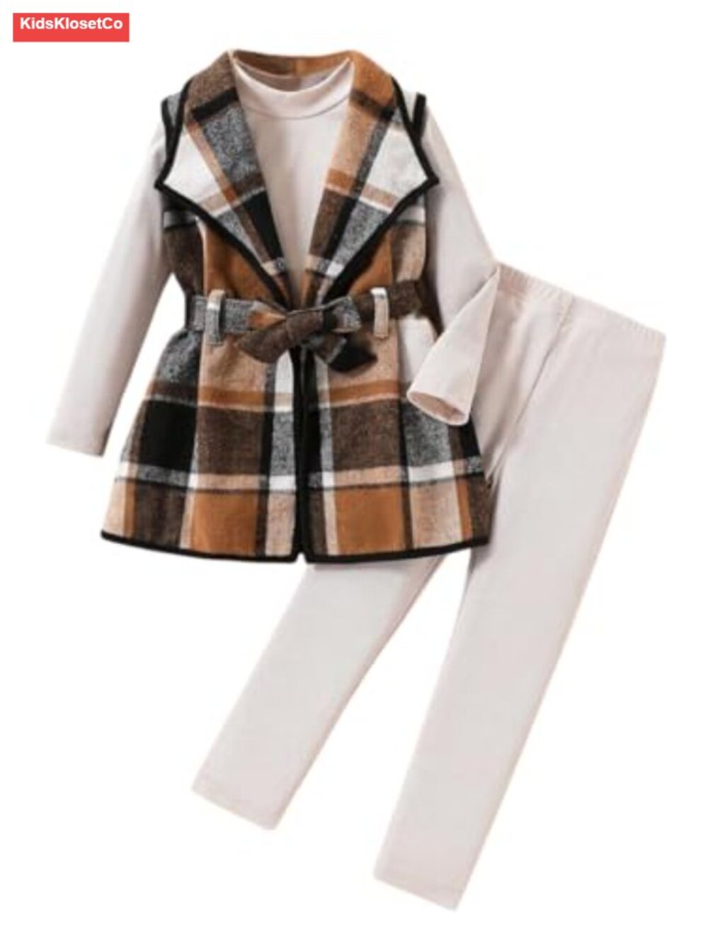 Girls 3-Piece Plaid Outfit Set Vest Top Leggings Fall Clothing